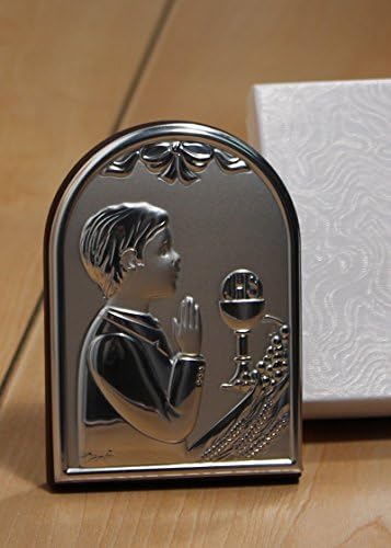 Italian Silver First Communion Boy Icon Favors Oval Shaped on Wood Stand