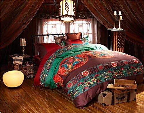 Cooperation Home Textiles, Long-staple Cotton, Bohemian Style Flower Pattern Coffee and Green Bedding Set (4pc without comforter, King)