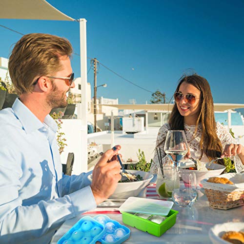 Ice Cube Trays, Ice Cube Tray with Lid, Large Silicone Ice Cube Tray, Ice Ball Mould & Funnel, Whiskey Ice Ball Maker Ice Clip, Easy to Release Spill-Resistant, Food Grade Materials, Blue/Green