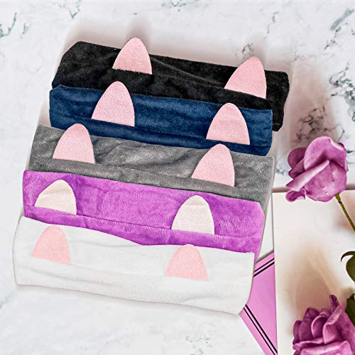 Haarband 6 Stück Stirnband Kosmetik Haarbänder mit Ohr für Frauen und Mädchen, Plüsch Stirnbänder Haarschmuck mit Maskenpinsel Gesichtschwamm und Haargummis für Gesicht Waschen und Make-up (Kätzchen)