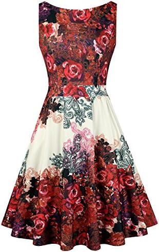 OLADY Women's BoatNeck Sleeveless Vintage Tea Dress, Fit and Flare Rockabilly Floral 1950s Pinup Swing Dress