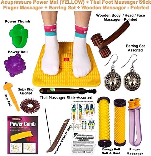 Super India Store Yellow Acupressure Power Mat with Magnets n Pyramids Thai Foot Massage Stick for Pain Relief and Total Health Immunity and Incense Sticks Holder with Finger Massager n Earring Set