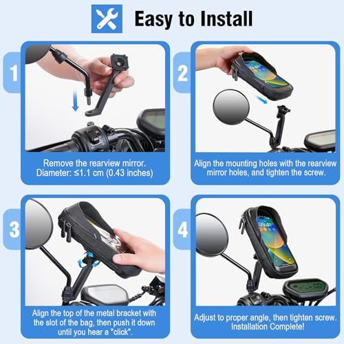 WACCET Waterproof Motorcycle Phone Holder with 360° Rotation with Touch Screen Door Phone Scooter for Phones up to 7.2 Inches (Black)