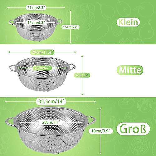 3Pcs Kitchen Colander, Microperforated Stainless Steel with Handle | Colander for Pasta, Fruits, Vegetables, Dishwasher Safe (16/22/28 cm)