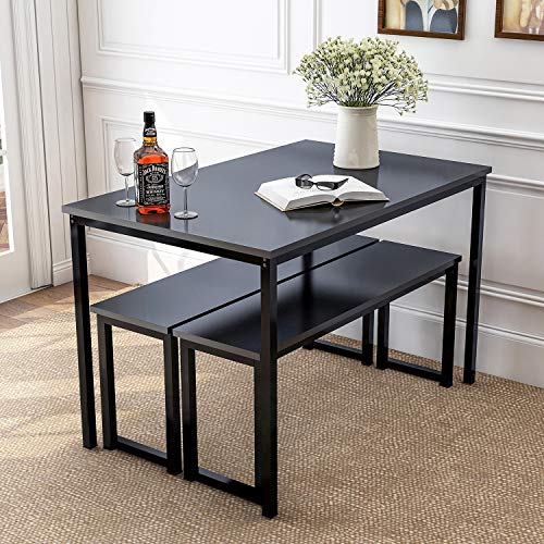 Dining Room Table Set, 3 Pieces Farmhouse Kitchen Table Set with Two Benches, Metal Frame and MDF Board, Modern Furniture for Home, Cafeteria, Apartment and Farm House (Black) - Thumbnail 2