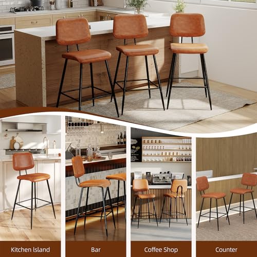 Nusetx 26 Inch Counter Height Bar Stools Set of 2, Modern Faux Leather Kitchen Island Chairs with Back and Metal Leg, Upholstered BarStools, Brown