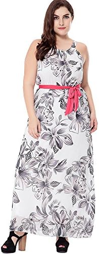 ONECHANCE Women Chiffon Sleeveless Floral Print Maxi Long Dress Plus Size