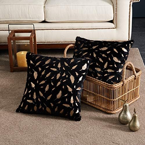 Throw Pillows Covers 18 X 18-Inch ,Set of 2 Black Fur with Gold Leaves Soft Throw Pillows for Couch Bed,Accent Home Decorative Square Cushions Cases Shams Pillowcases Farmhouse,45 x 45 cm