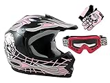 TMS Youth Kids Black Pink Skull Dirt Bike ATV Motocross Helmet with Goggles and Gloves (Large)