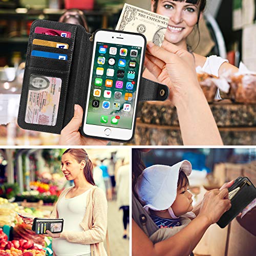Cornmi Wallet Case Compatible for iPhone 8 Plus,iPhone 6/7 Plus Cover,Detachable Leather Cover 13 Card Slots,Wristlet,Shoulder Strap Handbag Purse Flip Cover Stand Slim Lightweight Mirror case