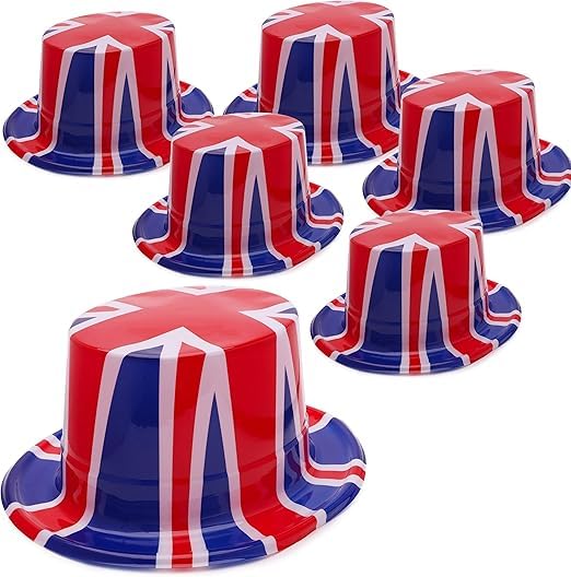 Toyland® Pack of 6 - Plastic Union Jack Top Hats - One Size 29cm x 14cm - British Celebrations - St George's, Euros & World Cup - English Party Decorations