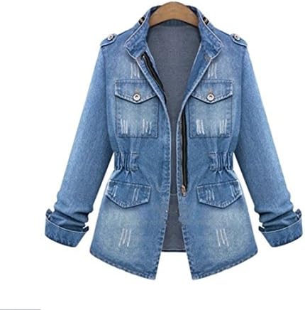 YINHAN Women's Big Plus Vintage Long Sleeve Denim Jacket with Pockets Blue 3XL