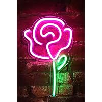 Isaac Jacobs 15" x 9" inch LED Neon Pink Rose Flower with Green Stem Wall Sign for Cool Light, Wall Art, Bedroom Decorations, Home Accessories, Party, and Holiday Decor: Powered by USB Wire (Rose)