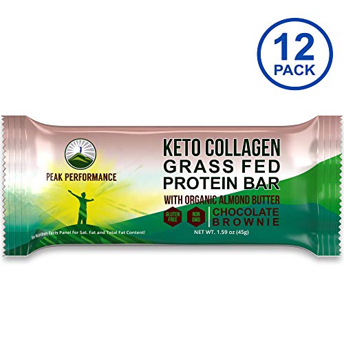 Keto Bars – Grass Fed Collagen Keto Protein Bars with Organic Almond Butter by Peak Performance (12 Pack). Delicious, Gluten Free, No Added Sugar, Perfect Snack for Paleo + Keto Chocolate Brownie Bar