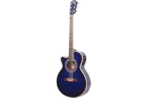Oscar Schmidt OG10CEFTBLLH-A Folk Left-Handed Cutaway Acoustic Electric Guitar, Flame Transparent Blue