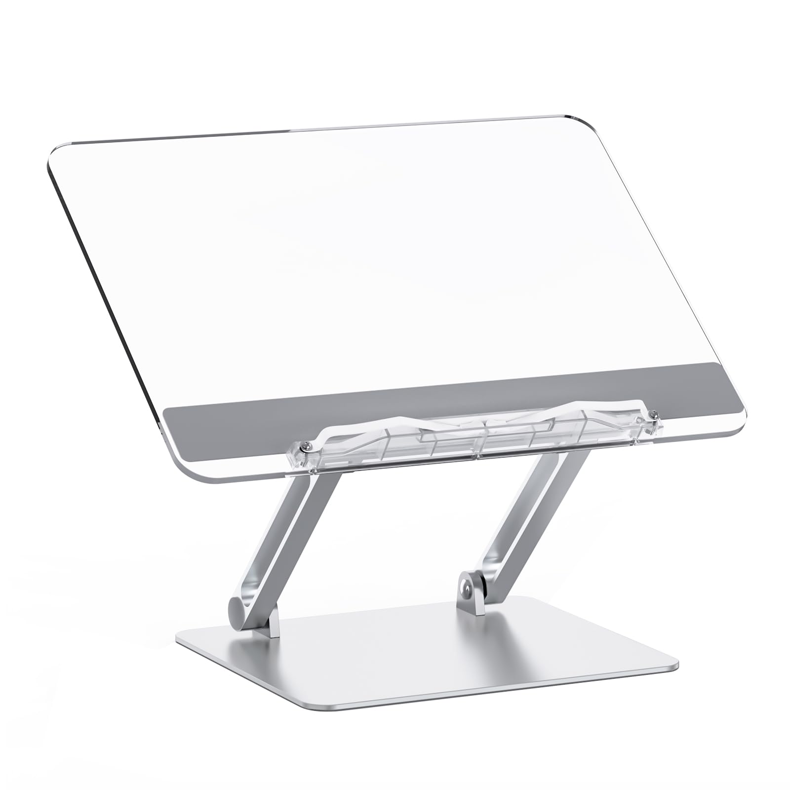 Book Stand, Aluminium and Acrylic Cookbook Desk Reading Stand, Adjustable & Foldable Book Holder, Also Compatible with Laptops and Tablets