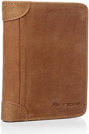 Ferricos RFID Men Cowhide Leather Portrait Short Purse Extra Capacity Trifold Inner Pocket Wallet Card Case Cash Coin Bag Money Clip ID Photo Holder Men's Gift Crazy Horse Light Brown