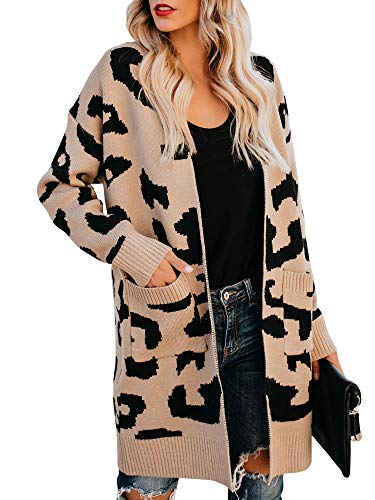 Msikiver Womens Leopard Print Sweater Cardigan Open Front Long Sleeve Knit Coat with Pockets Khaki