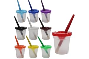 Set of 10 Spill-Proof Paint Cups with Paint Brushes and Lids, Children's No Spill Paint Cups with Colored Lids, Anti-Spill Pa