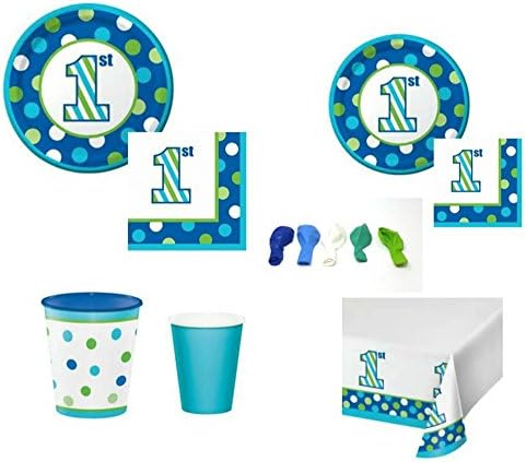 Blue Sweet Stripes Boy 1st Birthday Party Supplies For 8, 7-Piece Bundle
