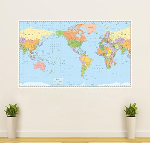 United States Centered World Map (Laminated 53.5” x 32” Rolled ) 2017