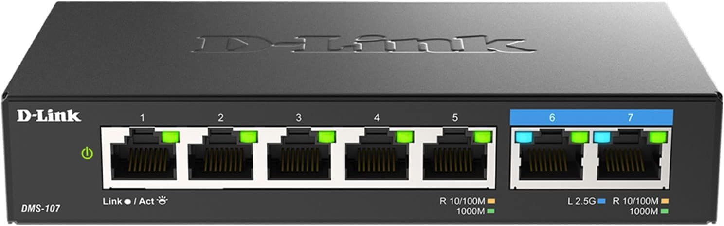 D-Link 7-Port 2.5GB Unmanaged Gaming Switch with 2 x 2.5G, 5 x 10/100/1000 Mbps - Multi-Gig, Network, Fanless, Plug & Play (DMS-107) Black Image