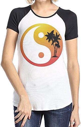 Gquchezha Yin Yang Sunset Palm Trees Retro Women's Short Raglan Round Collar Tee