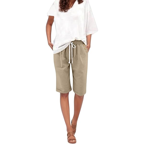 Women's Cotton Linen Shorts - High Waisted Bermuda Capris With Pockets For Casual & Hiking