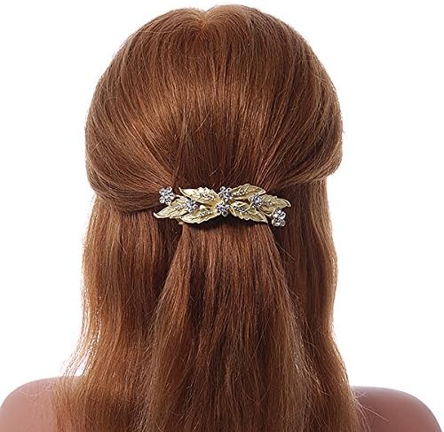 Bright Gold Tone Matt Diamante Leaves & Flowers Barrette Hair Clip Grip - 95mm Across, white / ivory, gold - Image 3