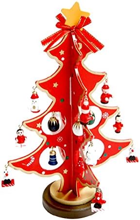 Tabletop Christmas Tree,Fashionclubs Wooden Tree with Miniature Christmas Ornaments,DIY Mini Christmas Tree For Christmas Festive Holiday Decor (21cm, Red)