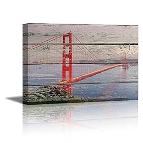 Canvas Prints Wall Art - Golden Gate Bridge on Vintage Wood Background Rustic Home Decoration - 12" x 18"