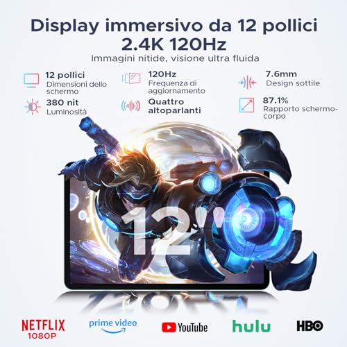 BIRDCLAW P12 Pro Tablet 12 Pollici, 12000mAh Tablet Android 16, 48GB RAM+256GB ROM/2TB TF, T7300 Octa-Core, 4G LTE, 2.4K/120Hz, 13MP, Gemini AI, Face ID/OTG/GPS/FM, Tablet con Tastiera e Penna, Blu