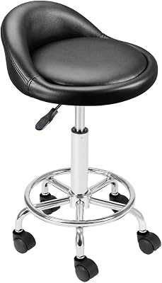 Taburete con Ruedas, Asiento Acolchado y Respaldo bajo de Piel sintética, Base con reposapiés de Acero Giratorio 360°, Altura Regulable, Ideal para esteticistas, Bares, cocinas, restaurantes
