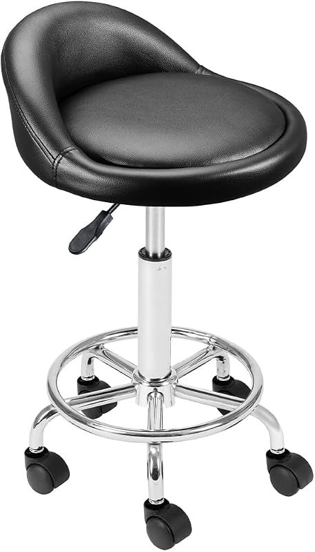 Taburete con Ruedas, Asiento Acolchado y Respaldo bajo de Piel sintética, Base con reposapiés de Acero Giratorio 360°, Altura Regulable, Ideal para esteticistas, Bares, cocinas, restaurantes — foto 1 de 8