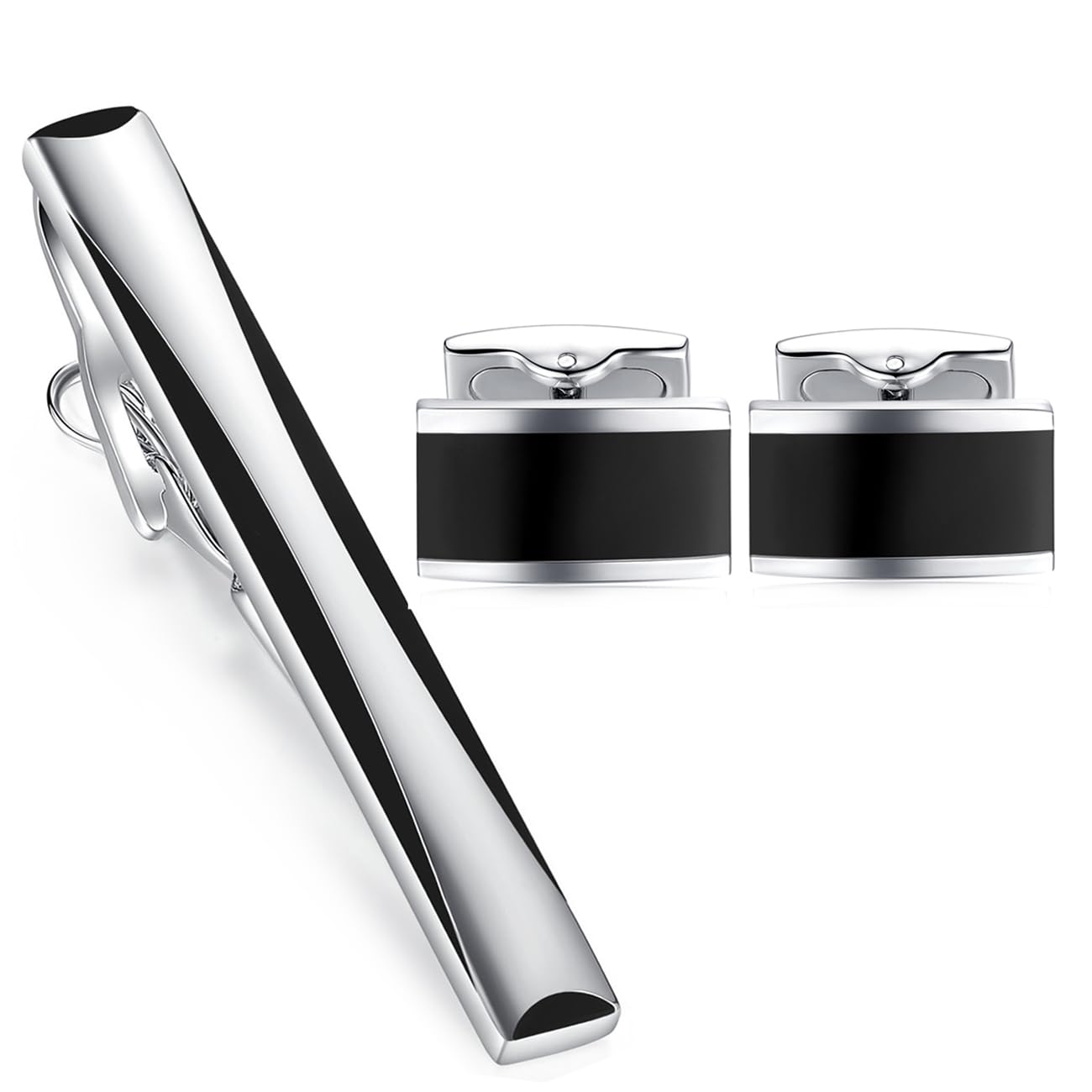 HONEY BEAR Mens Cufflinks Tie Clip Set Rectangle Black for Business Wedding Gift (With Box)