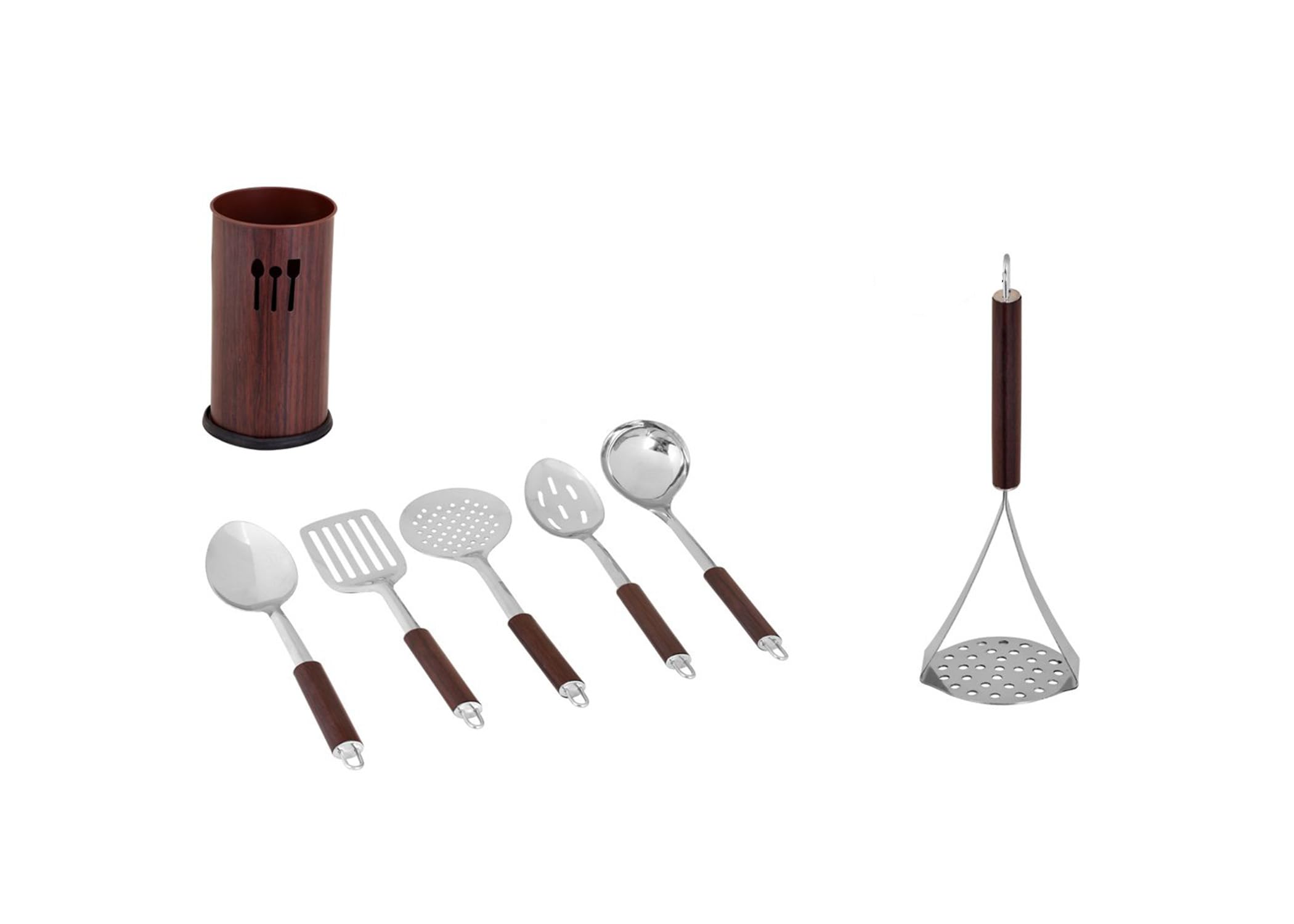 Kosma Kitchen Utensil Set with Holder, 7-Piece Stainless Steel and Wood Finish Handle Cooking Tools, Brown