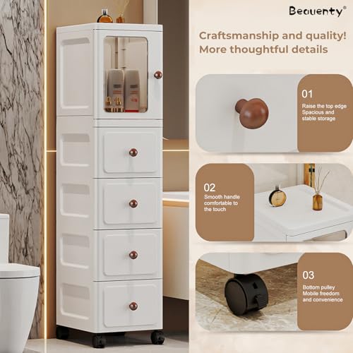 Beauenty Slim Bathroom Cabinet, 4-Tiers Narrow Storage Cabinet with Doors, Plastic Standing Bathroom Organizer, Floor Cabinets with Wheels for Kitchen, Bedside, Living Room (1Door 4Drawer)