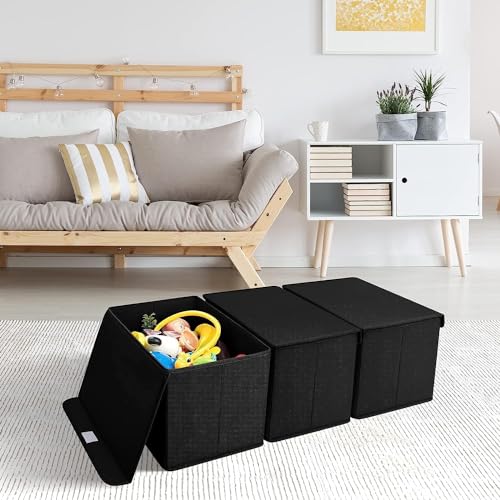 Homsorout Foldable Storage Boxes with Lids - Wardrobe Organiser Bin with Handle Fabric Basket Containers for Clothes, Book, Shelf, Office, Large x2-23.75L, Black