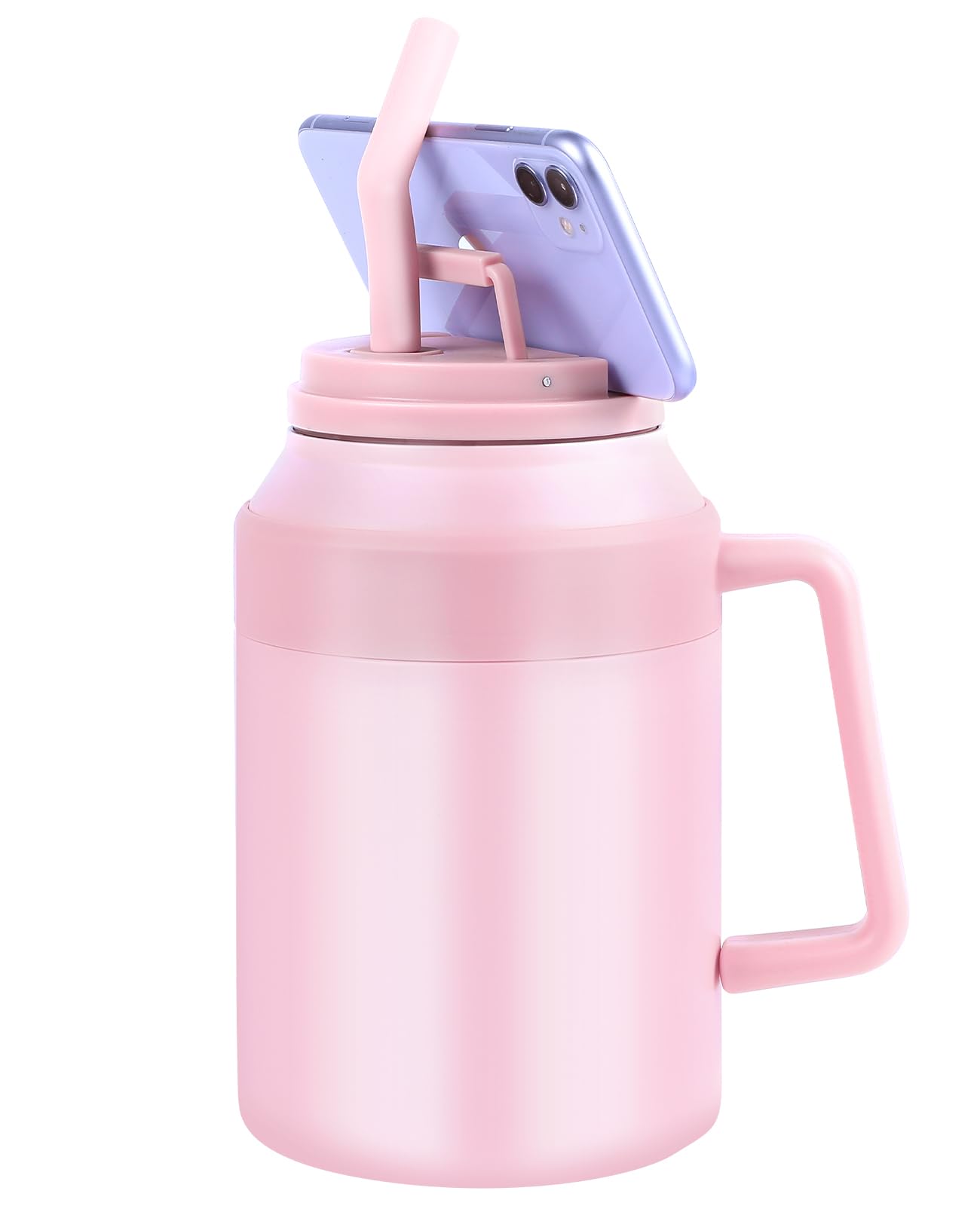Photo 1 of 50 OZ Insulated Tumbler with Handle and Straw,Vacuum Insulated Stainless Steel Water Bottle Thermal Cups with Lid & Phone Holder, Large Water Jug for Camping, Exercising, Studying and Working (Pink)