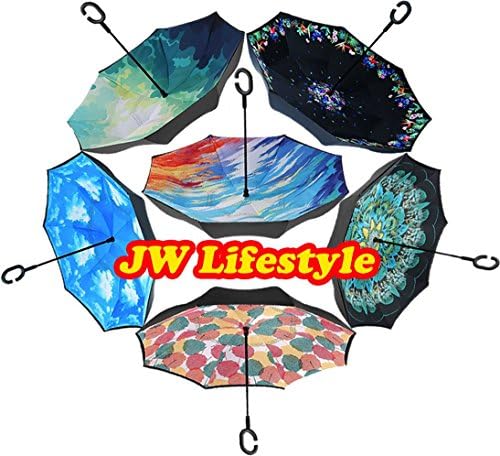 JW Lifestyle Creative Inverted Reverse Umbrella, Straight with C-shaped Handle &amp; Carrying Bag, for Car use, Self Standing (Sky Blue)