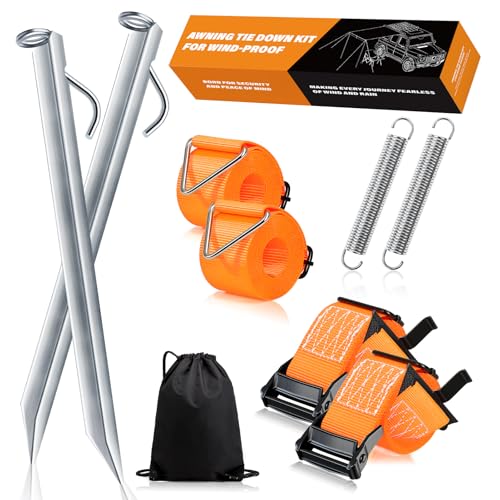 Storm Strap for Awning & Awning - 5 cm Wide Webbing, 38 cm Ground Anchor, Storm Protection Awning, Storm Bands for Awnings, Guy Straps Awning Motorhome, Guy Ropes Camping with S-Hooks and T-Connectors