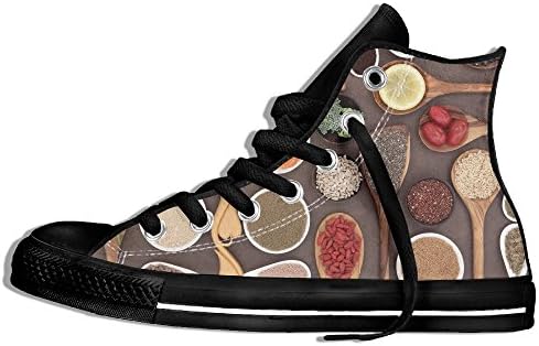 SmallHan Men &amp; Women Body Building And Super Health Food Selection With Supplement Powders In Bowls And Spoons Over High Top Sneakers Canvas Shoes Cool Sport Shoes Classic 42 Black
