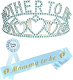 Mother to Be Tiara Gold Hearts Crown | Mom to Be Sash | Dad to Be Pin | Baby Shower Party Favors Decorations Gift Boy or Girl | Gender Reveals Party Gifts |Great for New Mom (Blue)