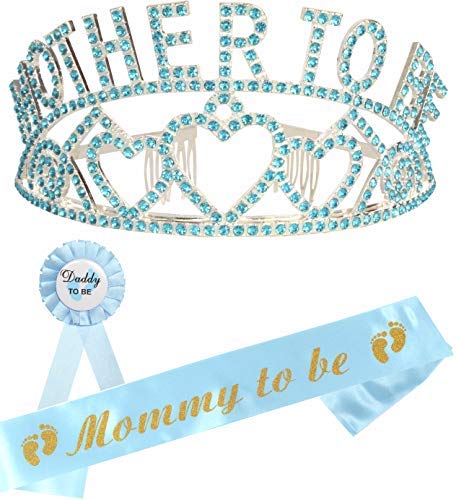 Mother to Be Tiara Gold Hearts Crown | Mom to Be Sash | Dad to Be Pin | Baby Shower Party Favors Decorations Gift Boy or Girl | Gender Reveals Party Gifts |Great for New Mom (Blue)