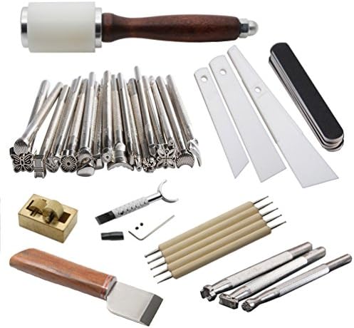 EVNSIX 23pcs Leather Carving Working Saddle Making Tools Stamping Set Leather Cutting knife DIY Hammer Swivel Knife Edge oil box