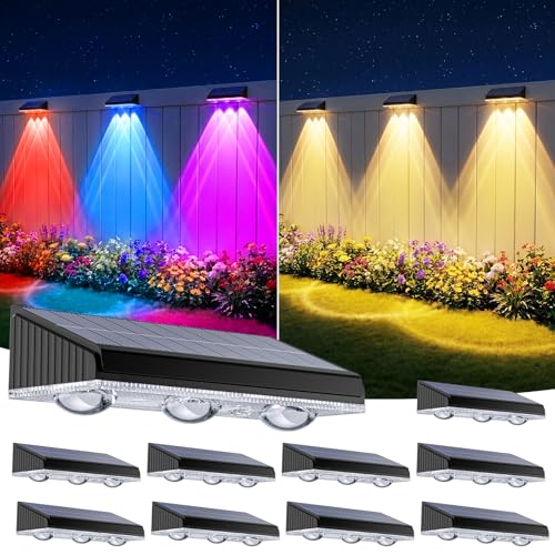 Solar Fence Lights Outdoor 10 Pack, Upgraded Brightness 3X LED Lens Fence Lights Solar Powered, 9 Fixed Colors & RGB Lights, IP65 Waterproof Solar Lights for Outside Backyard/Railing/Step/Patio