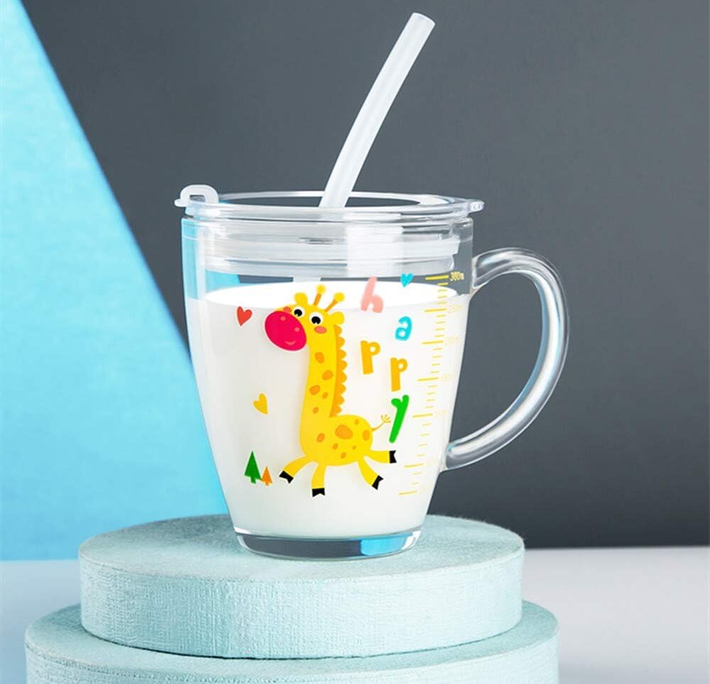 Glass Milk Measuring Cup, Cute Measuring Jug with Lid and Silicone Straw 350 ML Heat-Resistant Tempered Glass Water Cup Scale Measure Mug for Microwave Milk Juice Coffee
