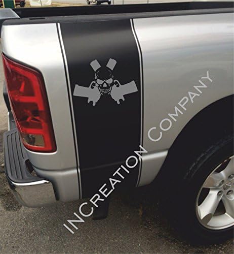 2002-2018 Dodge Ram Dakota 1500 2500 Rear Side Bed Black Decals, Skull and Guns Daytona RT Super Rumble Bee Stripes Vinyl Stickers, 5.7 L auto Graphics SRT hellcat, Mopar, Hemi, Rebel