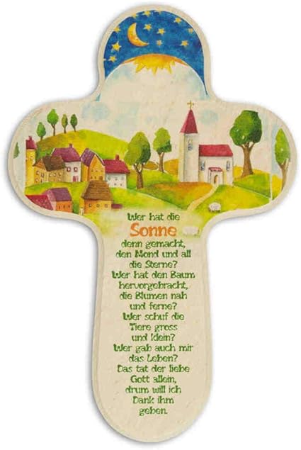Amazon De Kruzifix24 Devotionalien Kinderkreuz Dorf Mit Sonne Mond Sterne Text Holz Taufkreuz