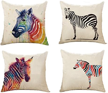 ATEENY Cotton Linen Square Throw Pillow Case Rainbow Animals Zebra Cushion Cover Case for Home Decorative 18 x 18inch Set 4-Pack (Zebra)